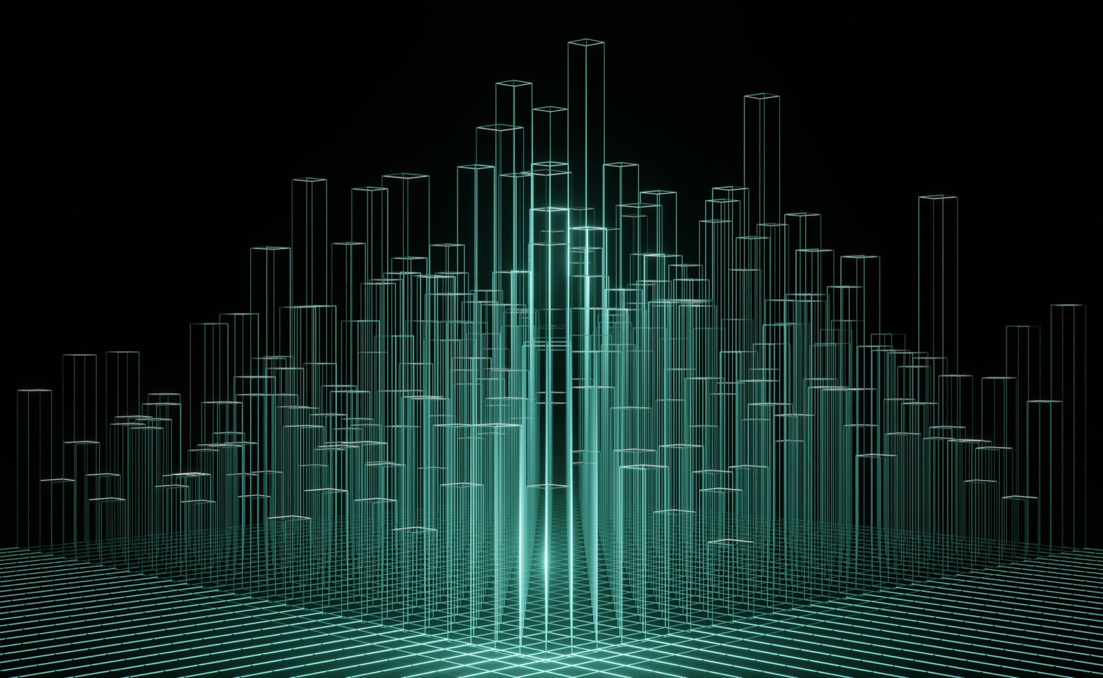 A wireframe digital-twin visualisation: glowing green towers rising from a grid.